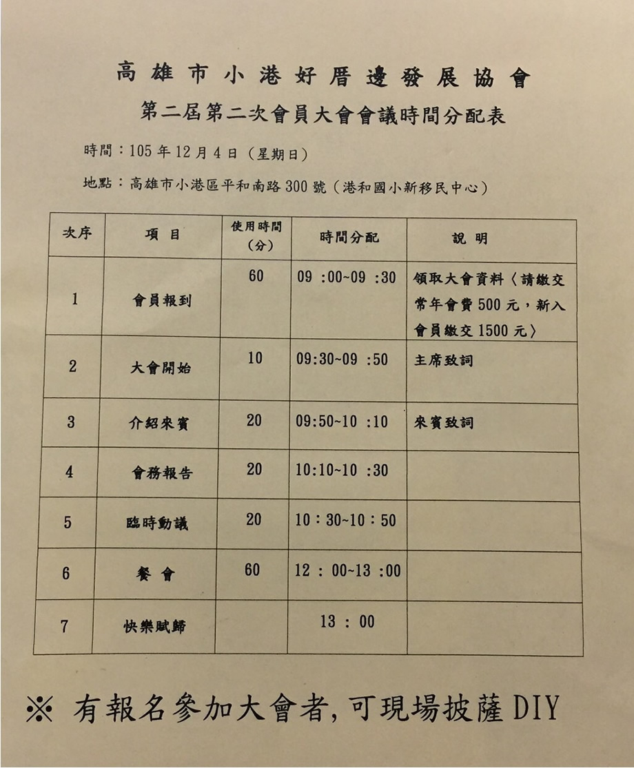 高雄市小港好厝邊發展協會會員大會時間分配表